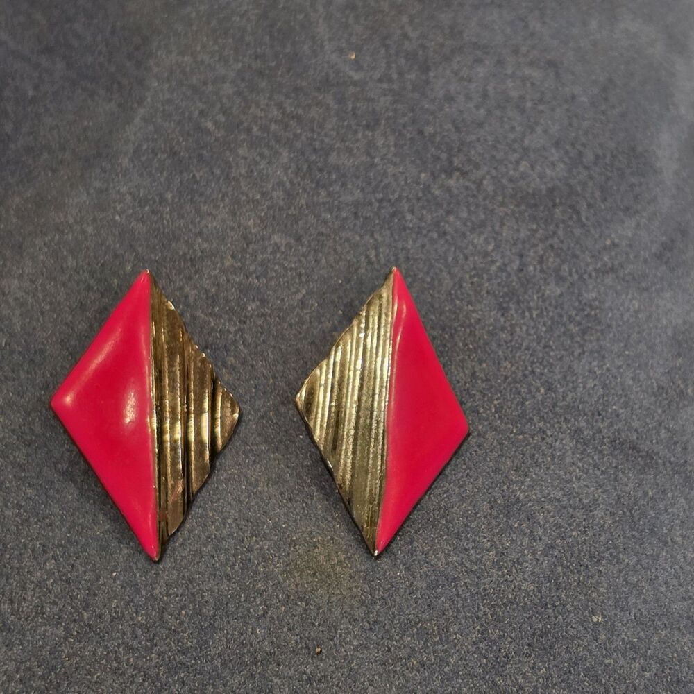 Vintage 1980s Red Enamel Silver Tone Diamond Geometric Post Earrings Bold Retro
